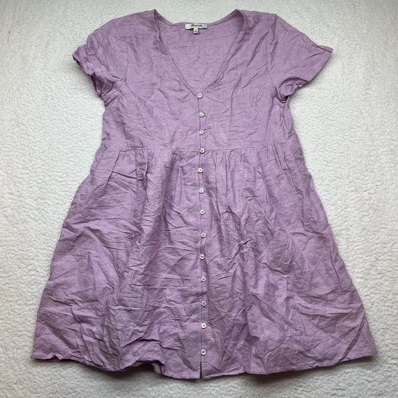 Madewell | Linen Blend Alexandra Button Front V Neck Mini Dress Lilac Lavender S - Picture 2 of 10